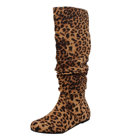 Cheetah Faux Suede Slouchy Knee High Flat Boot - Picture 2 of 7